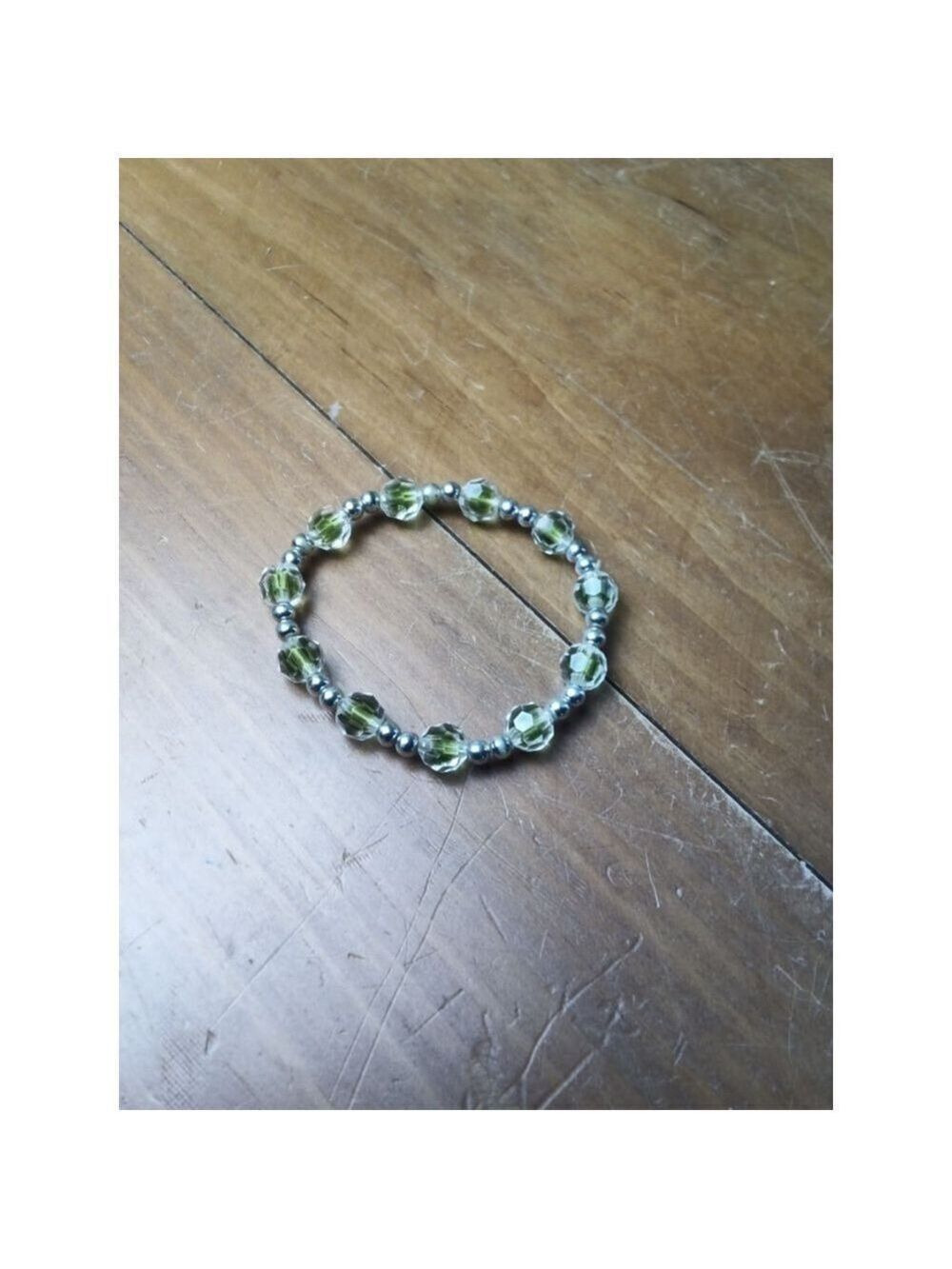 Green Silver Beaded Bracelet 6 Inches